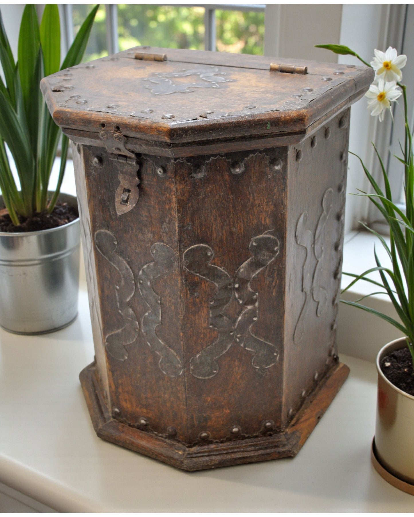 Vintage Wooden Tall Storage Box Original Old Hand Crafted Metal Fitted
