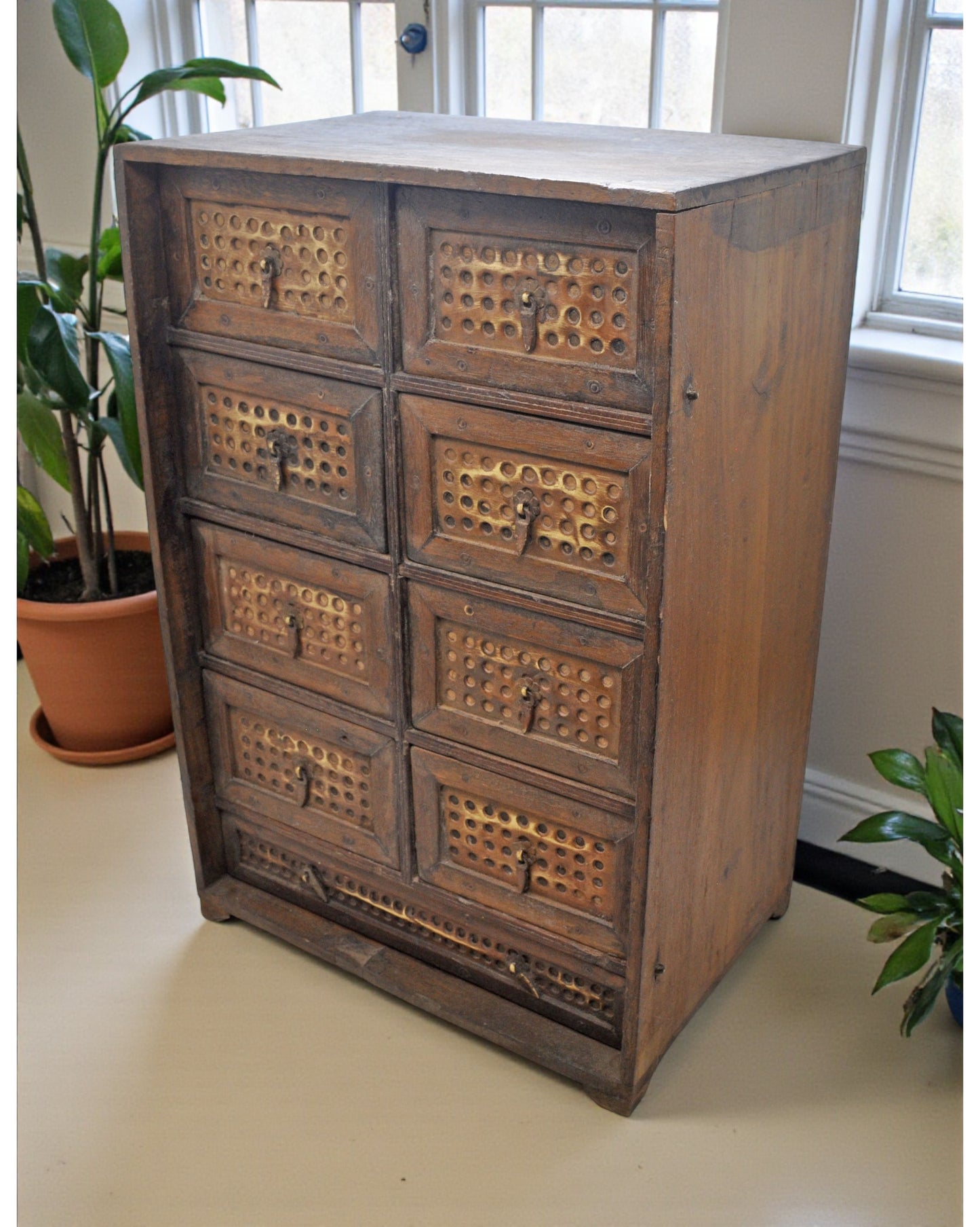 Vintage Wooden 9 Drawers Mini Storage Chest Original Old Hand Crafted Brass Fitted