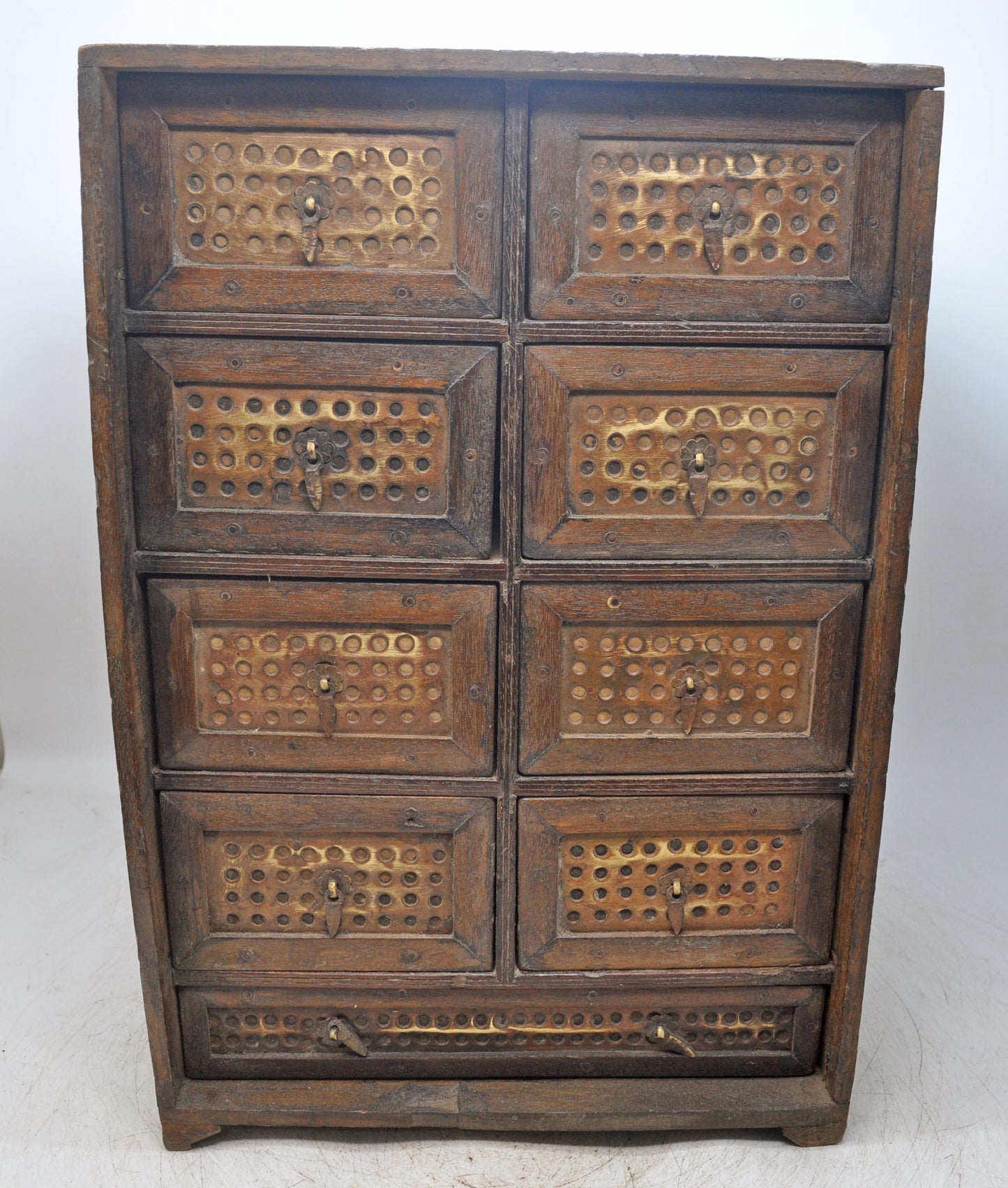 Vintage Wooden 9 Drawers Mini Storage Chest Original Old Hand Crafted Brass Fitted