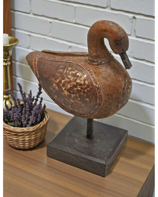 Vintage Wooden Duck Bird Figurine Original Old Hand Carved Brass Fitted