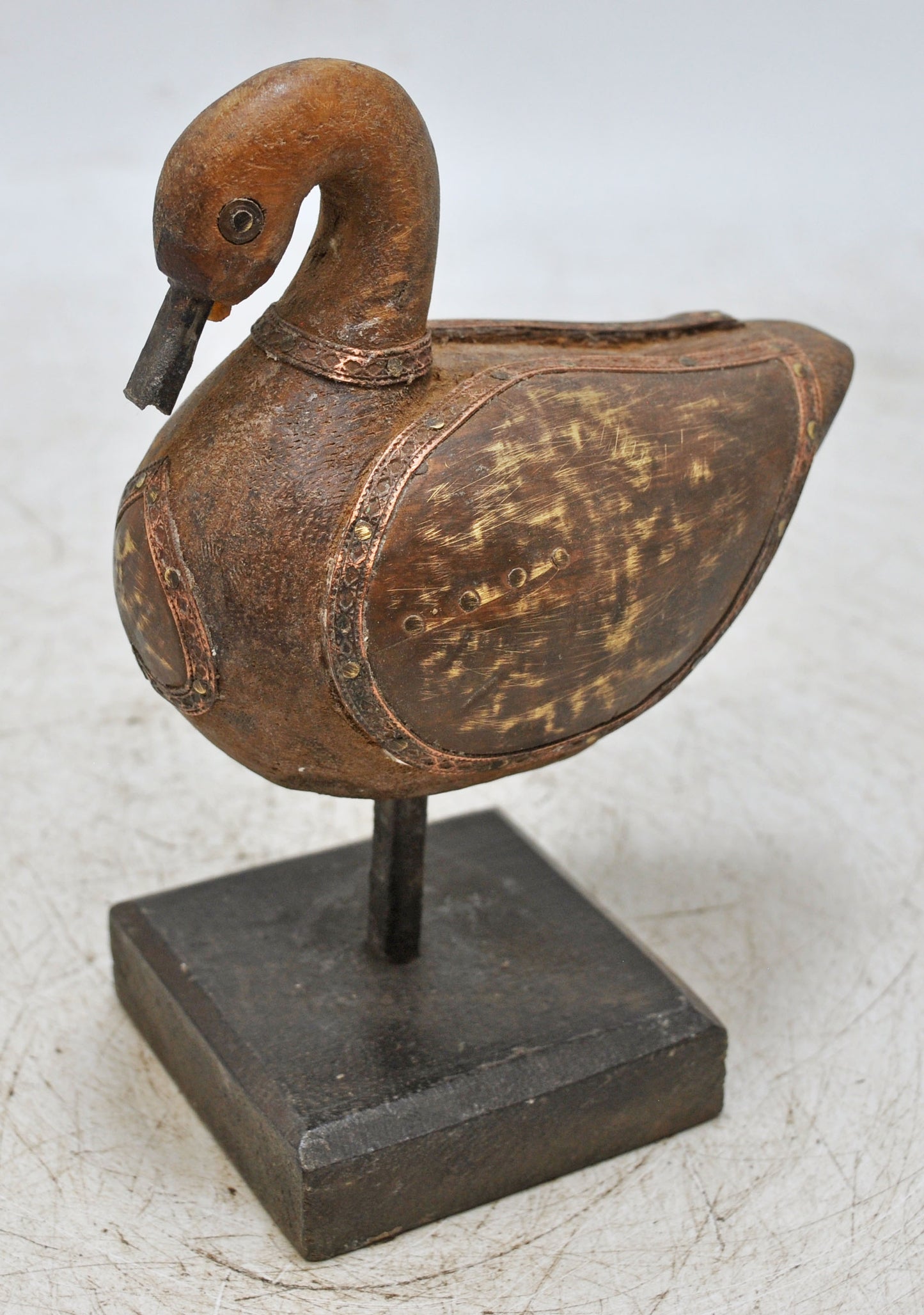 Vintage Wooden Duck Bird Figurine Original Old Hand Carved Brass Fitted