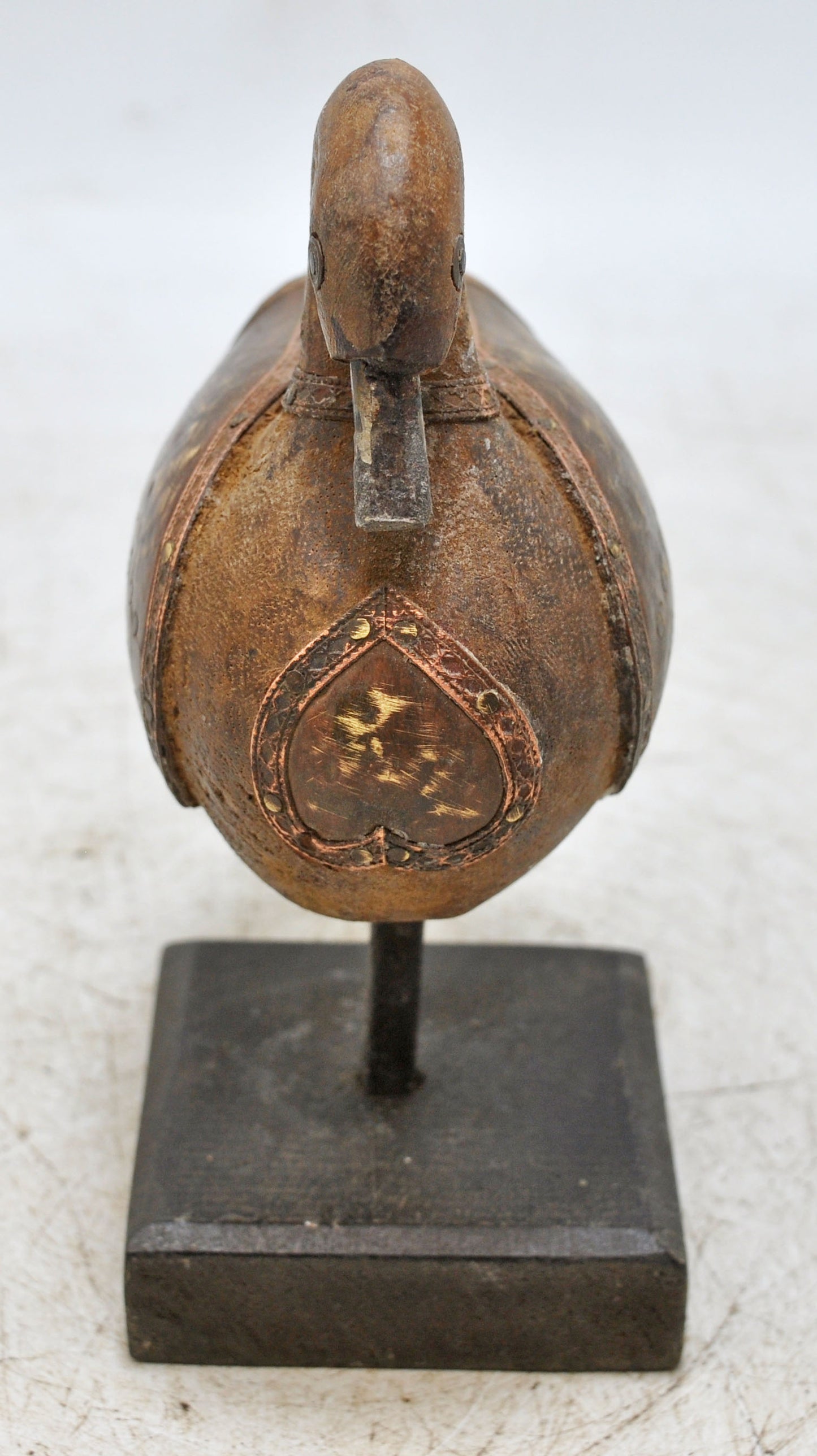 Vintage Wooden Duck Bird Figurine Original Old Hand Carved Brass Fitted