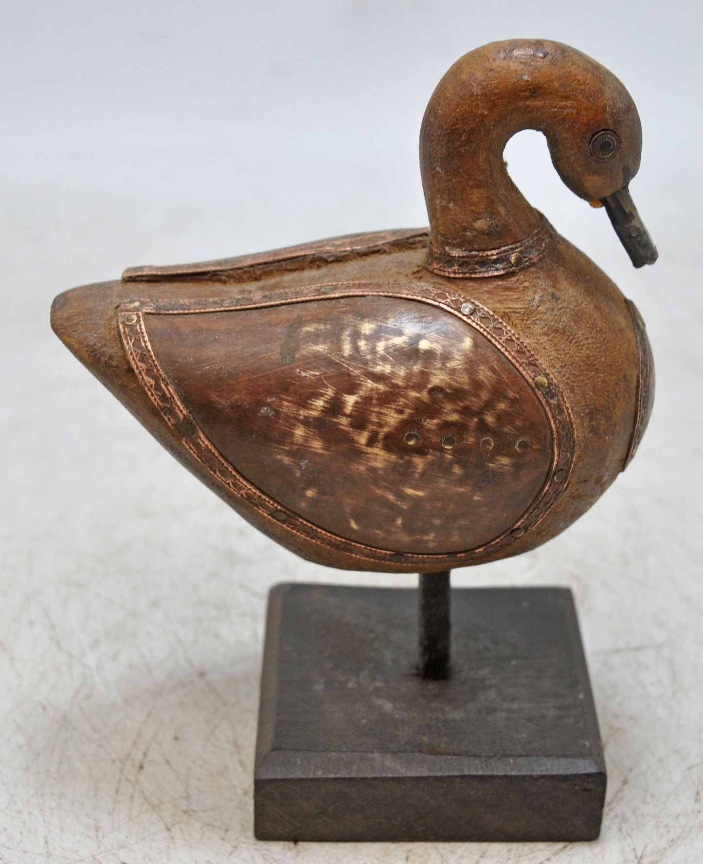Vintage Wooden Duck Bird Figurine Original Old Hand Carved Brass Fitted