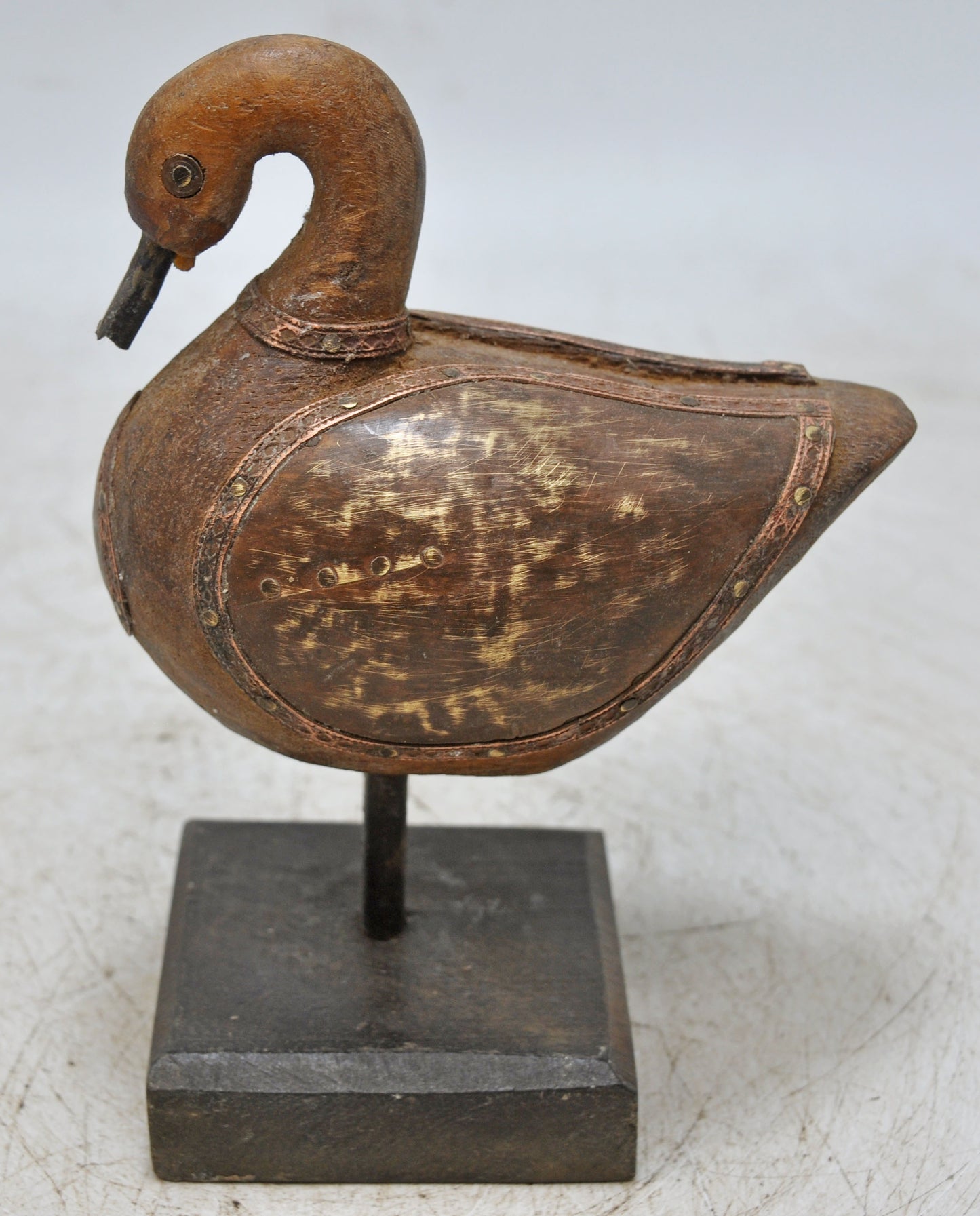 Vintage Wooden Duck Bird Figurine Original Old Hand Carved Brass Fitted