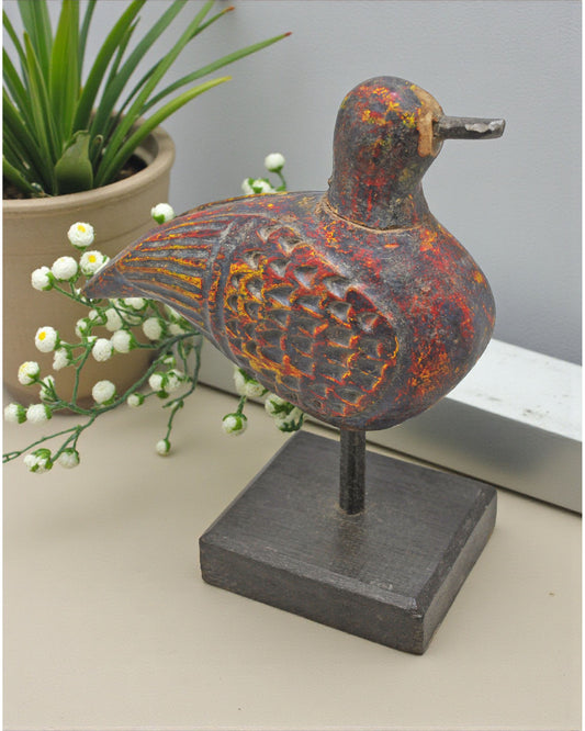 Vintage Wooden Bird Figurine Original Old Hand Carved Brass Fitted