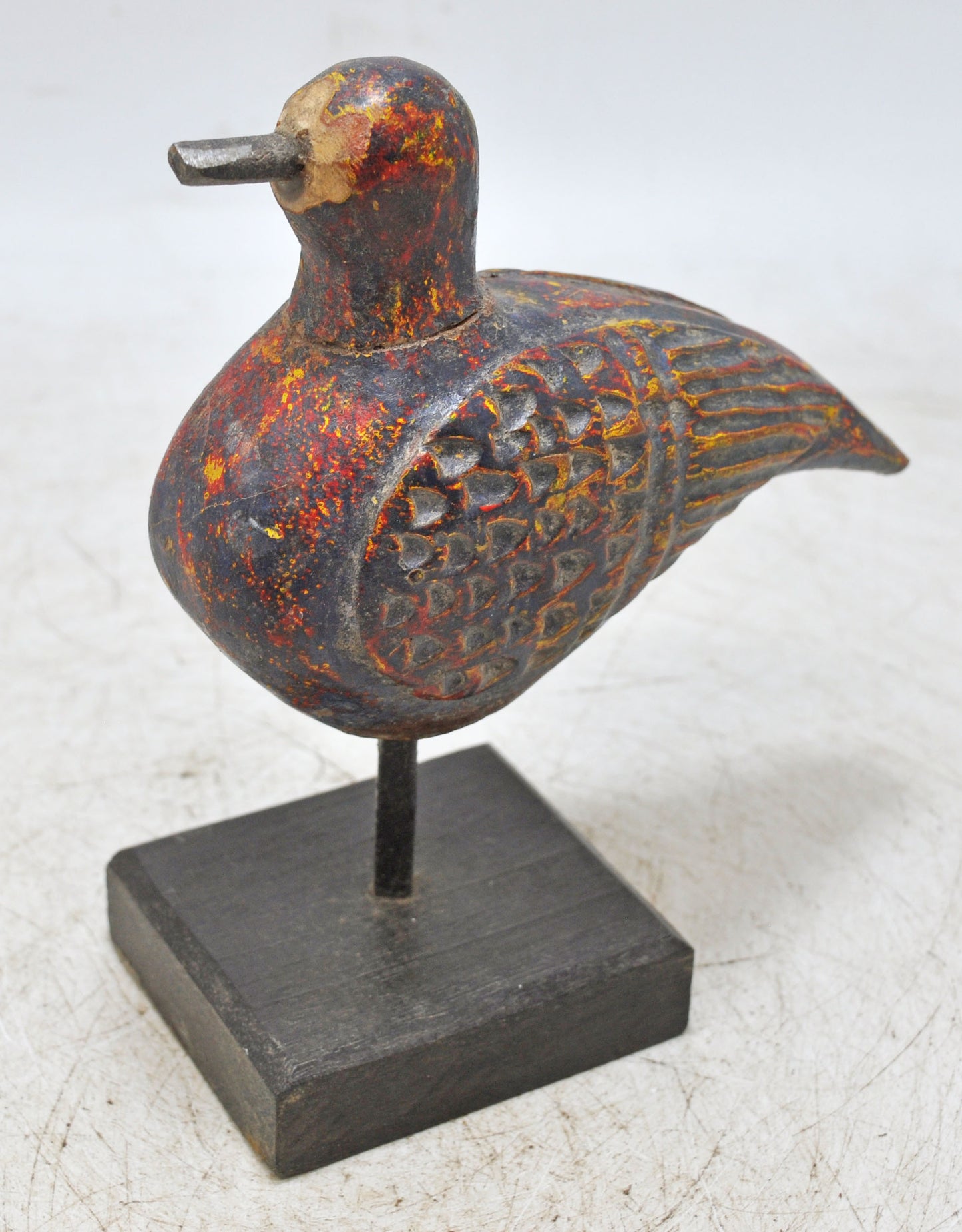Vintage Wooden Bird Figurine Original Old Hand Carved Brass Fitted