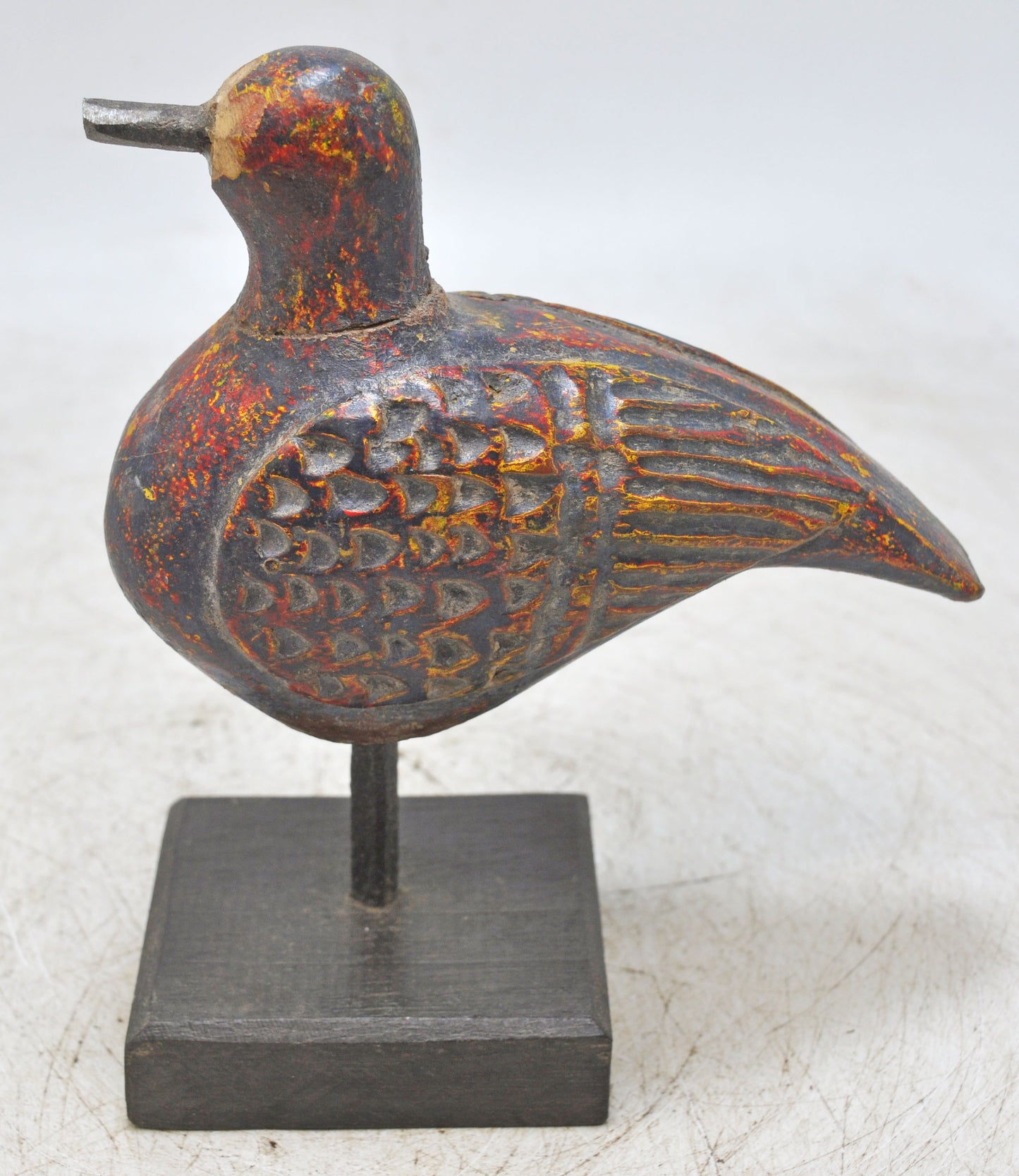 Vintage Wooden Bird Figurine Original Old Hand Carved Brass Fitted