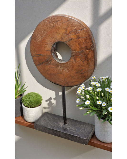 Antique Wooden Round Ring on Stand Original Old Hand Carved