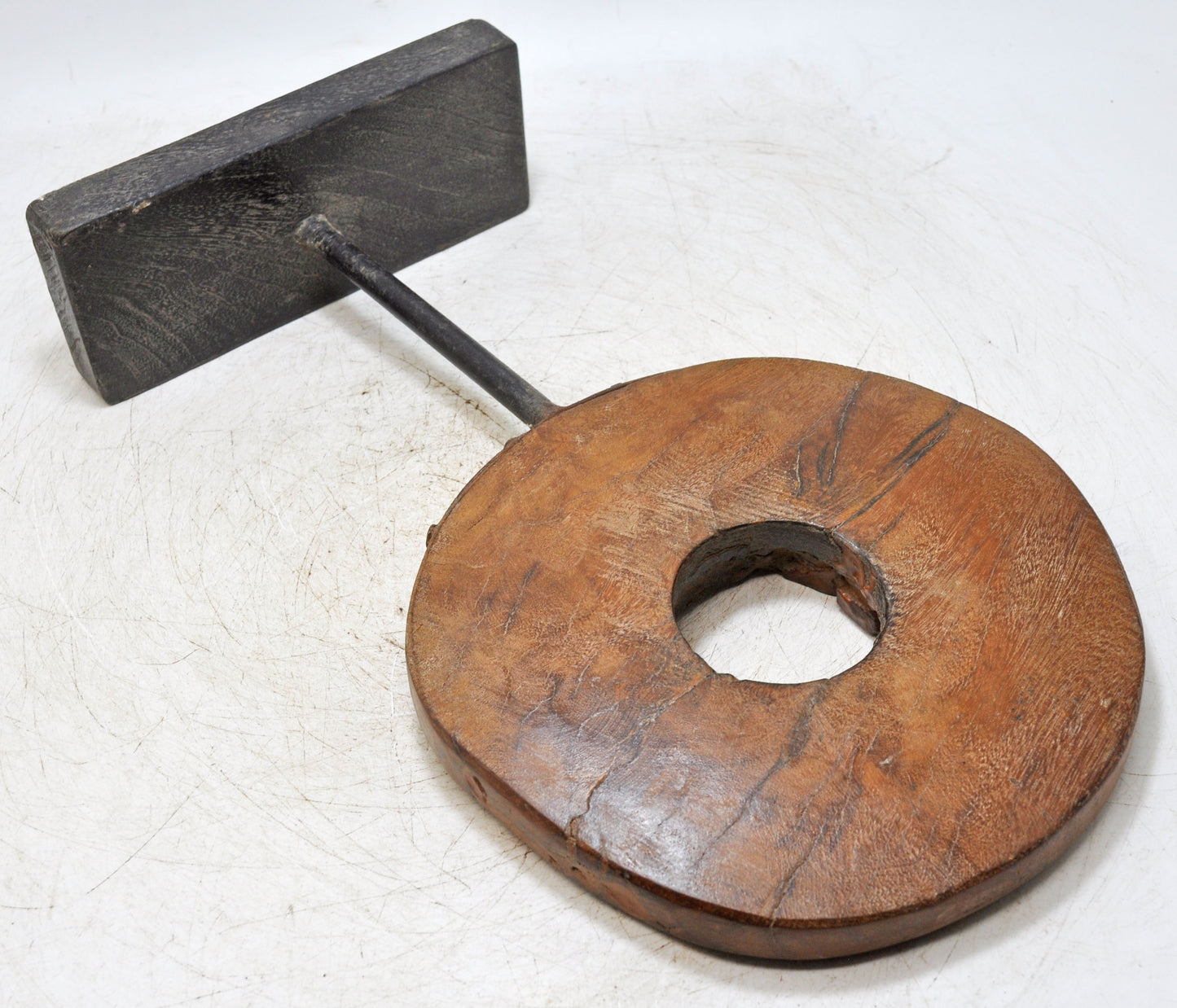 Antique Wooden Round Ring on Stand Original Old Hand Carved