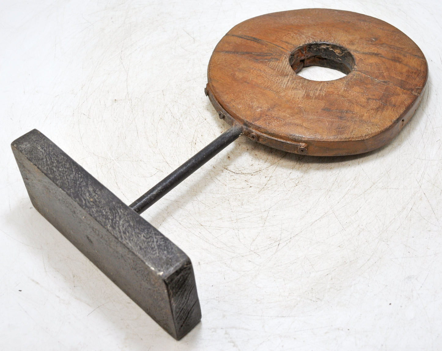 Antique Wooden Round Ring on Stand Original Old Hand Carved
