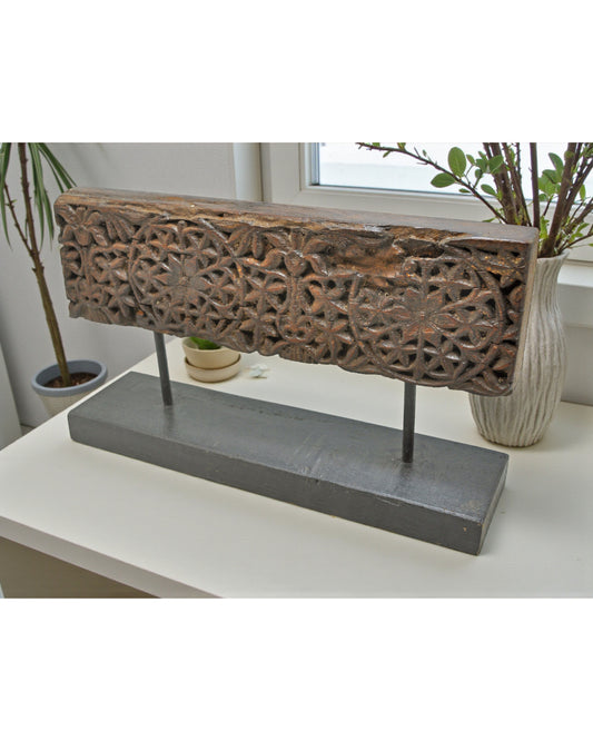 Antique Wooden Floral Carving Panel Plaque on Stand Original Old Fine Hand Carved