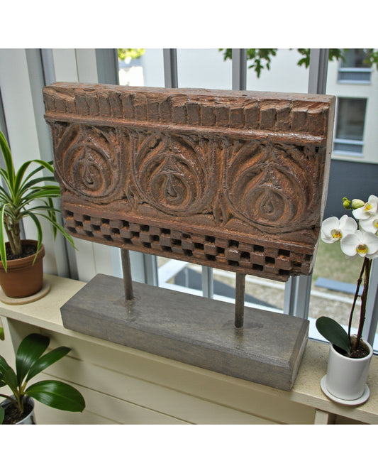 Antique Wooden Floral Carving Panel Plaque on Stand Original Old Fine Hand Carved