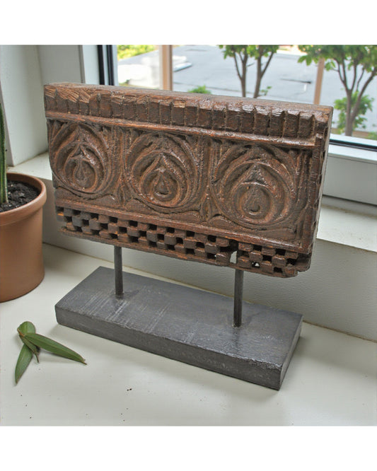 Antique Wooden Floral Carving Panel Plaque on Stand Original Old Fine Hand Carved