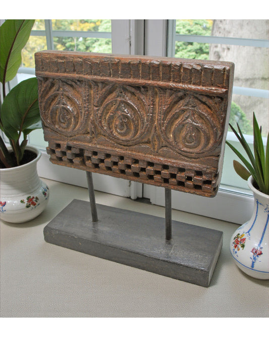 Antique Wooden Floral Carving Panel Plaque on Stand Original Old Fine Hand Carved