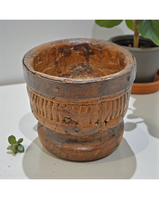 Antique Wooden Kitchenware Round Spice Grinding Bowl Original Old Hand Carved