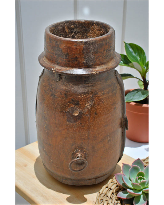 Antique Wooden Himalayan Water Pot Matka Original Old Hand Carved