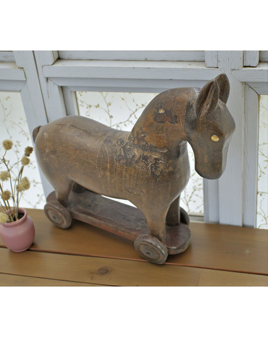 Vintage Wooden Horse on Wheels Figurine Original Old Hand Carved