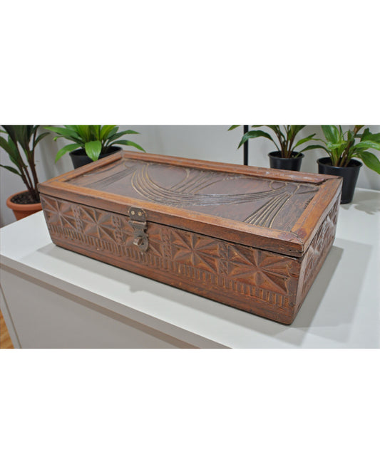 Antique Wooden Storage Chest Box Original Old Hand Carved