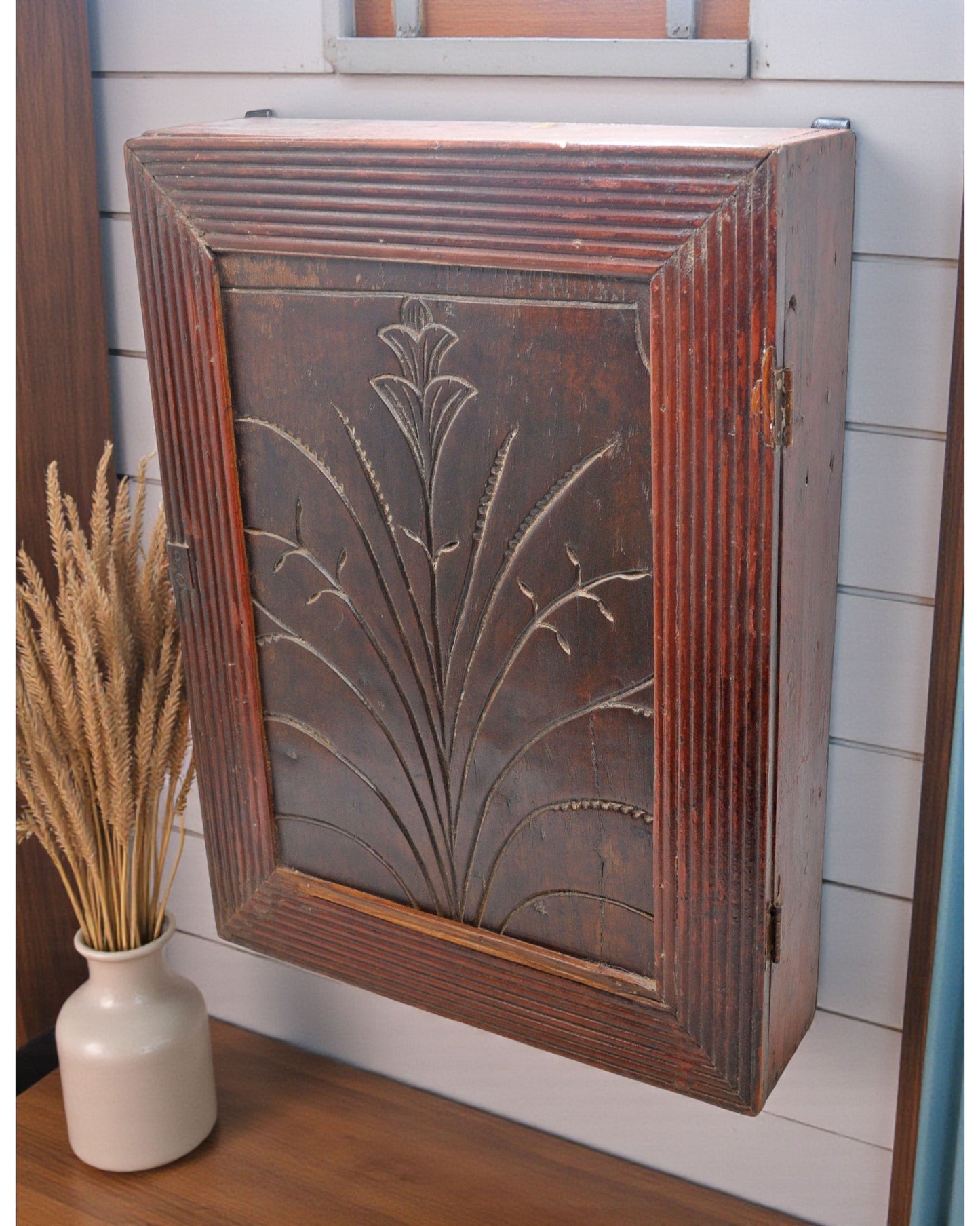 Antique Wooden Wall Hanging Storage Cabinet Original Old Hand Crafted