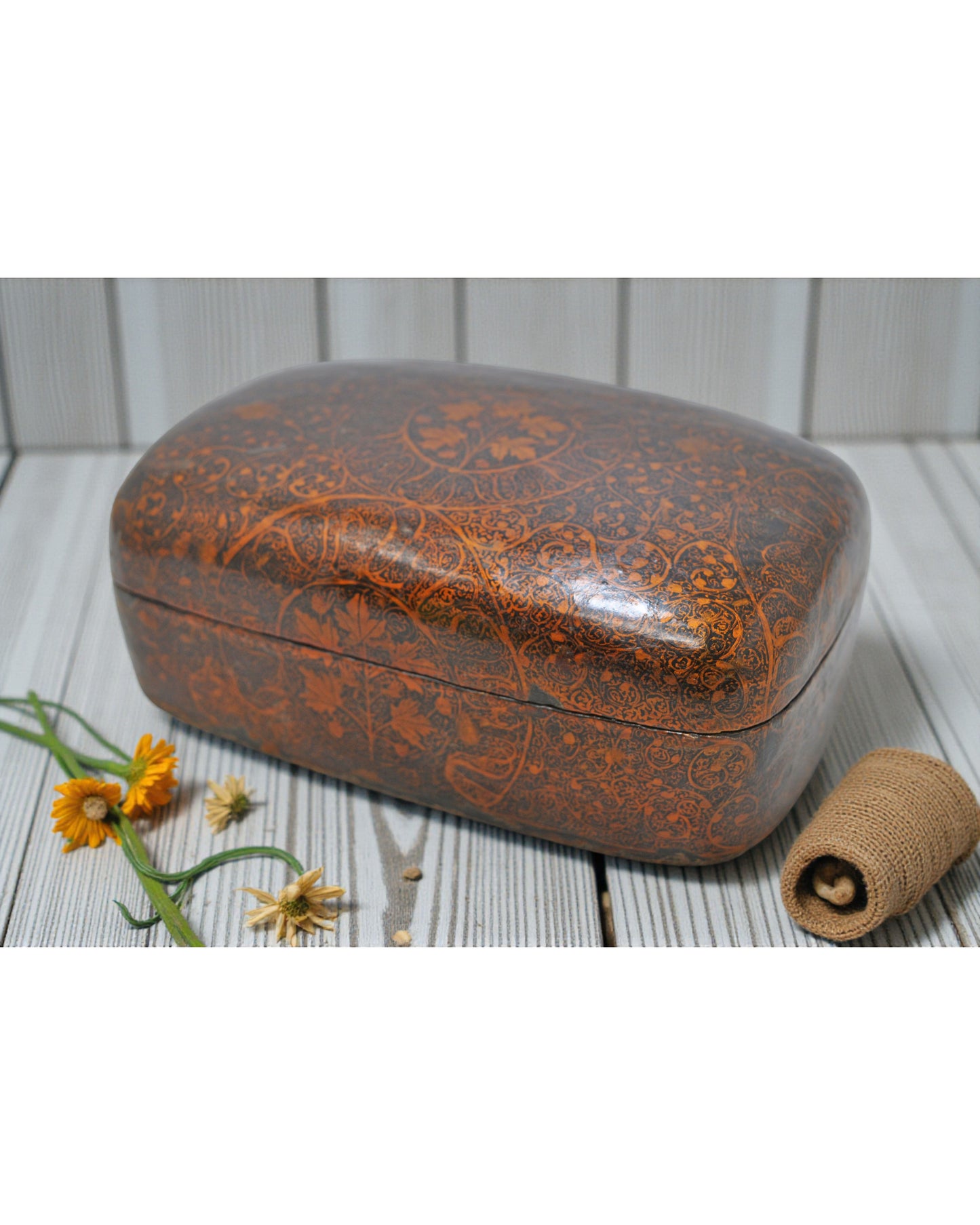 Vintage Paper Mache Small Storage Box Original Old Hand Crafted Fine Painted