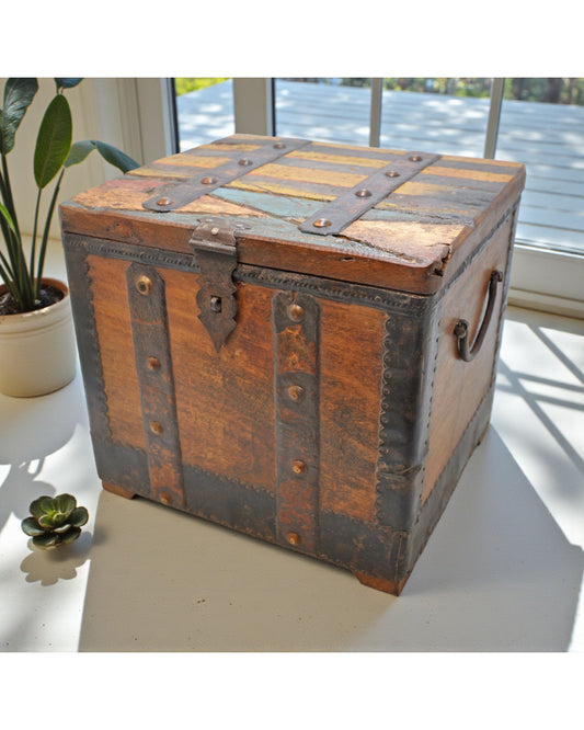 Vintage Wooden Square Storage Chest Box Original Old Hand Crafted Metal Fitted