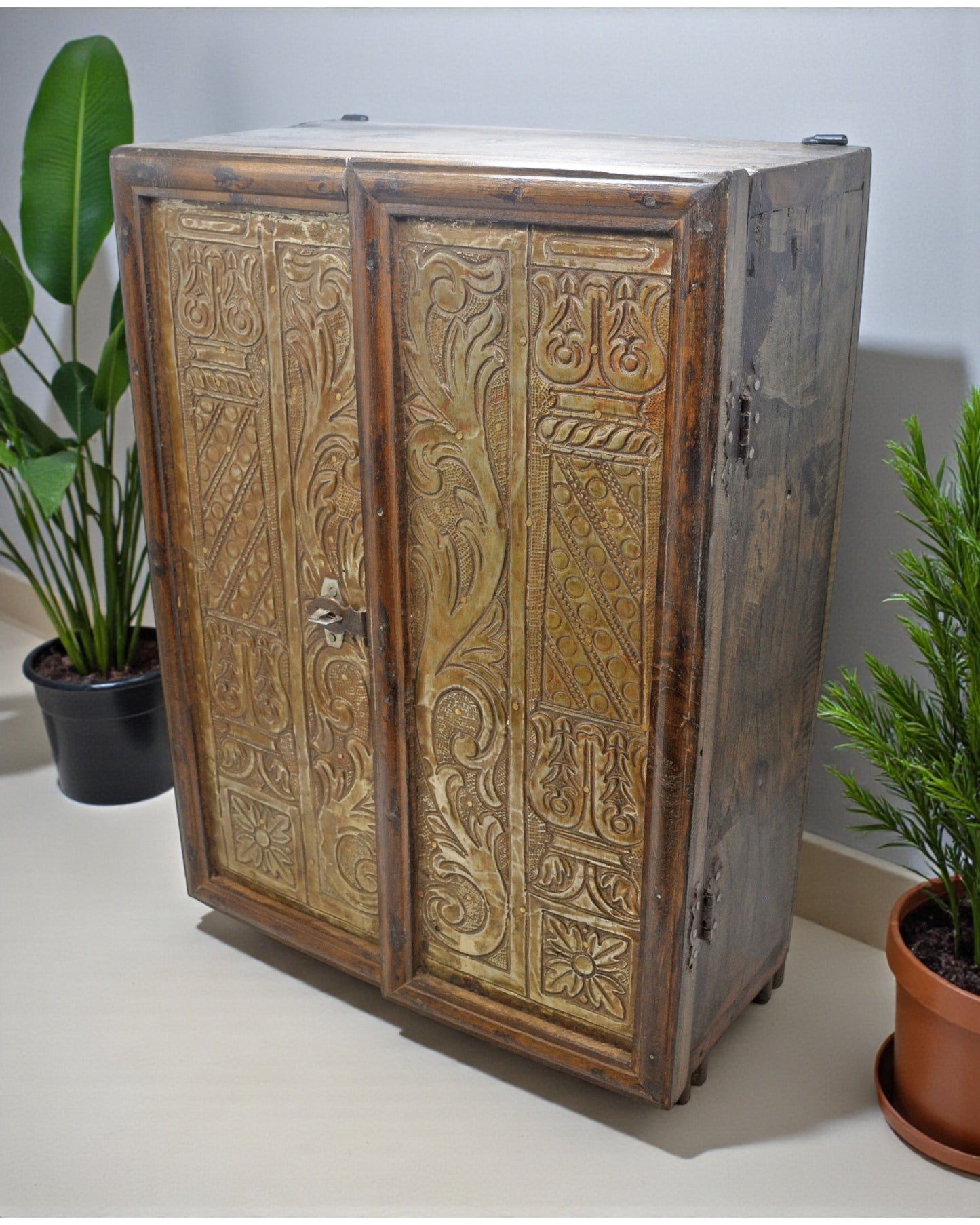 Antique Wooden Mini Cabinet Storage Box Original Old Fine Brass Fitted