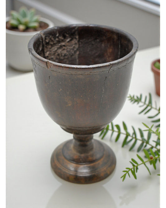 Antique Wooden Kitchenware Goblet Drinking Cup Glass Original Old Hand Carved