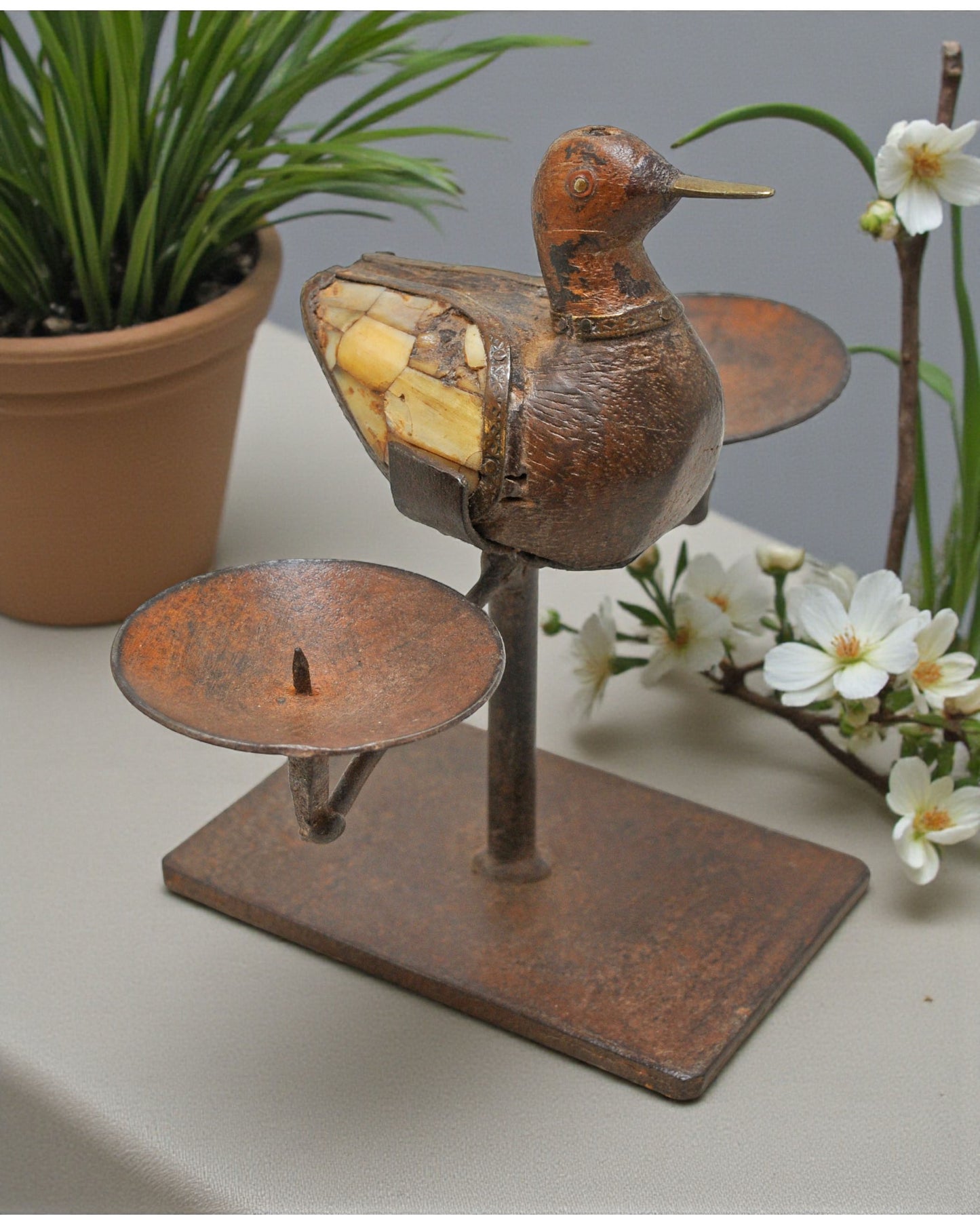 Vintage Wooden Duck Bird Figurine Candle Stand Original Old Hand Carved