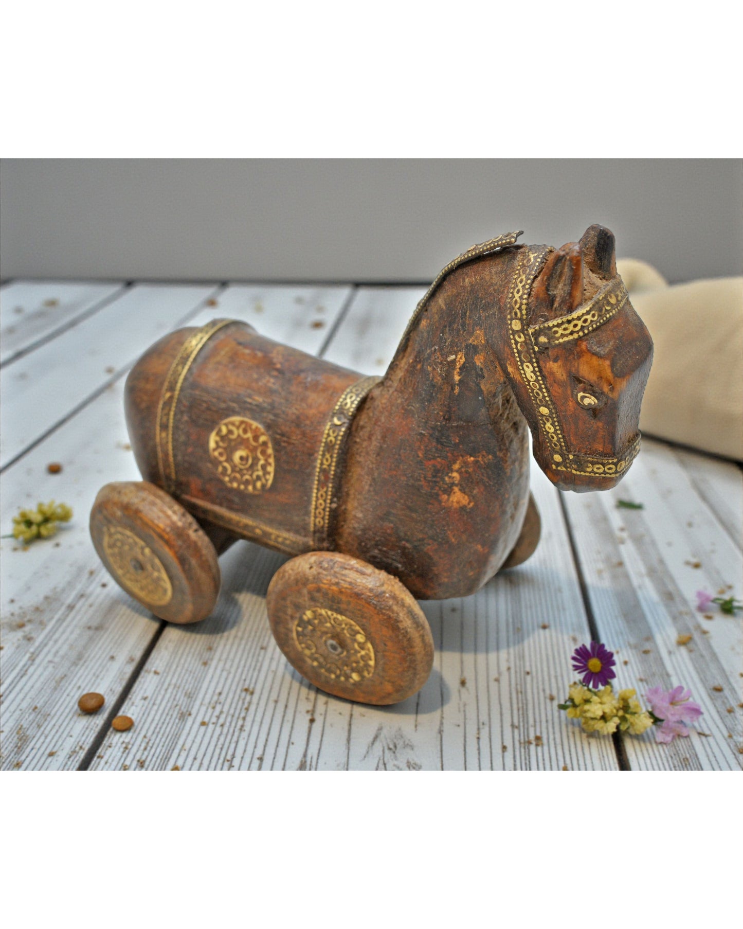 Vintage Wooden Horse on Wheels Figurine Original Old Hand Carved