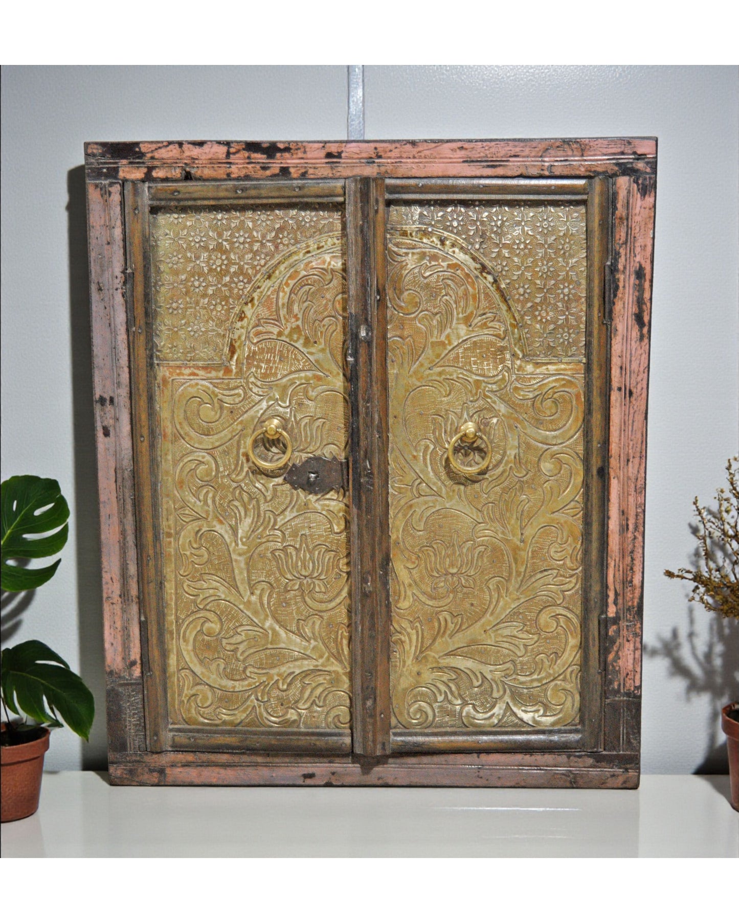 Antique Wooden Wall Décor Window Panels Frame Original Old Brass Fitted