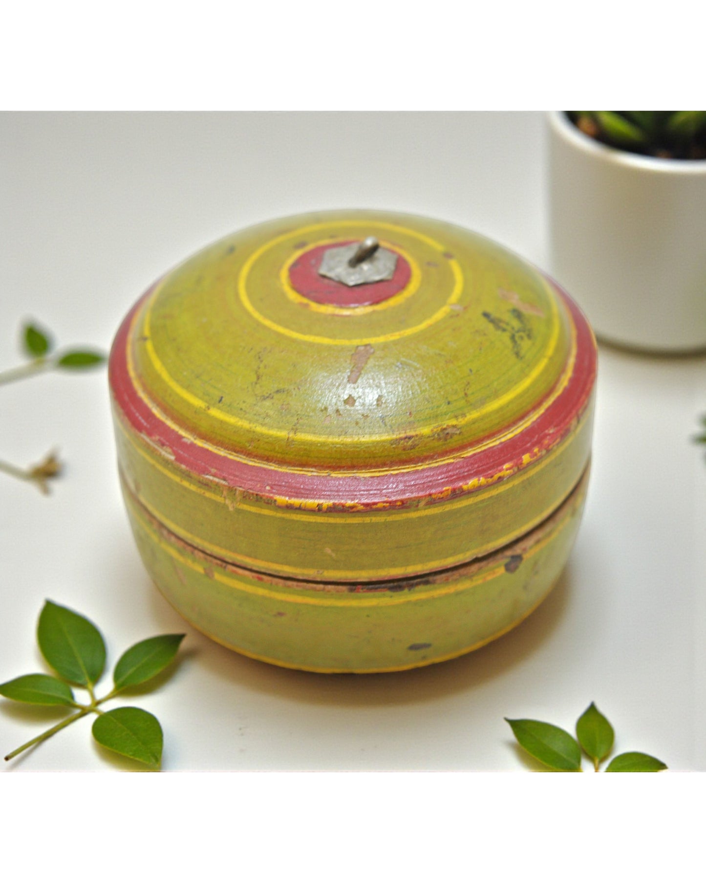 Antique Wooden Lacquer Painted Kum Kum Powder Tika Box Original Old