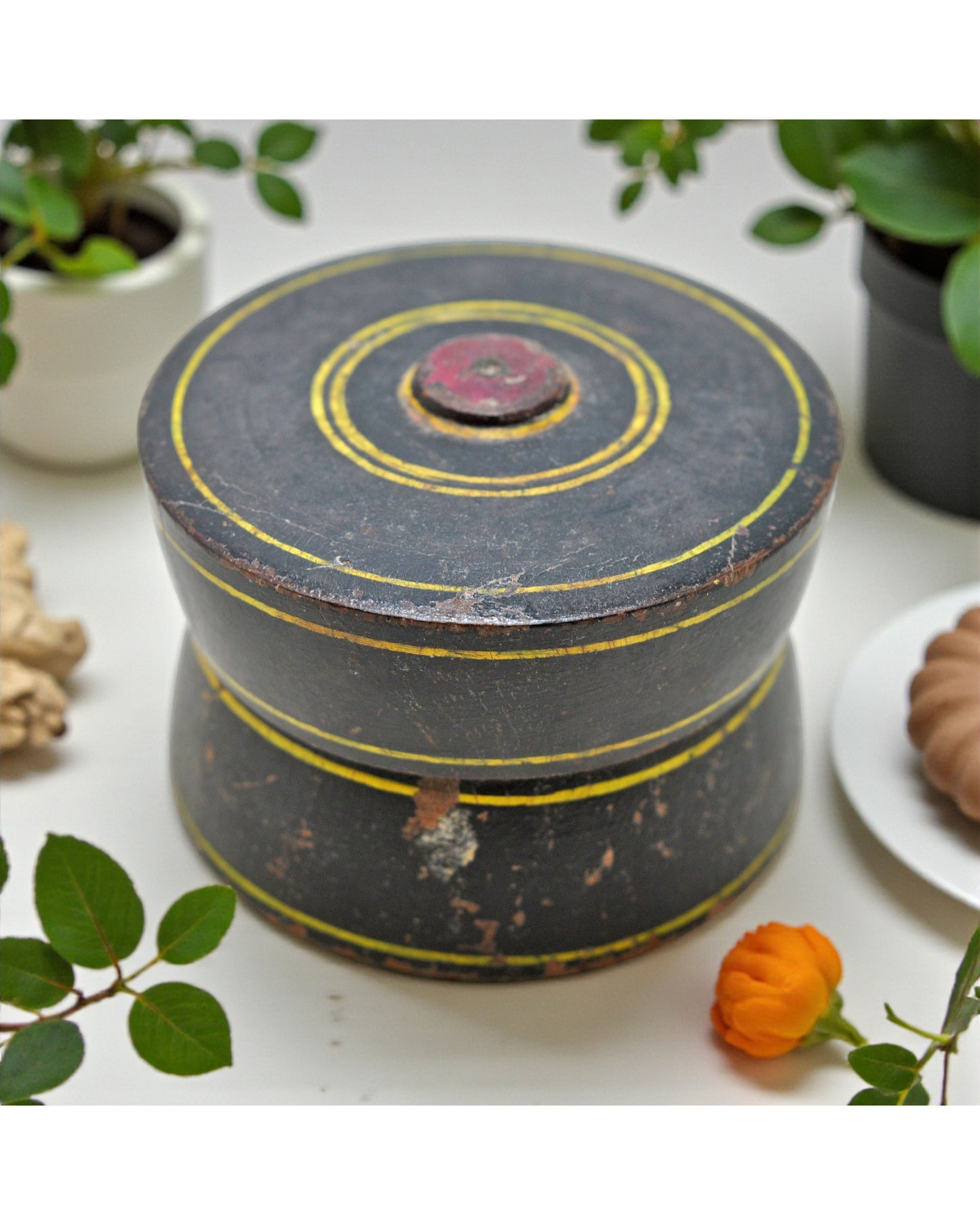 Antique Wooden Lacquer Painted Kum Kum Powder Tika Box Original Old