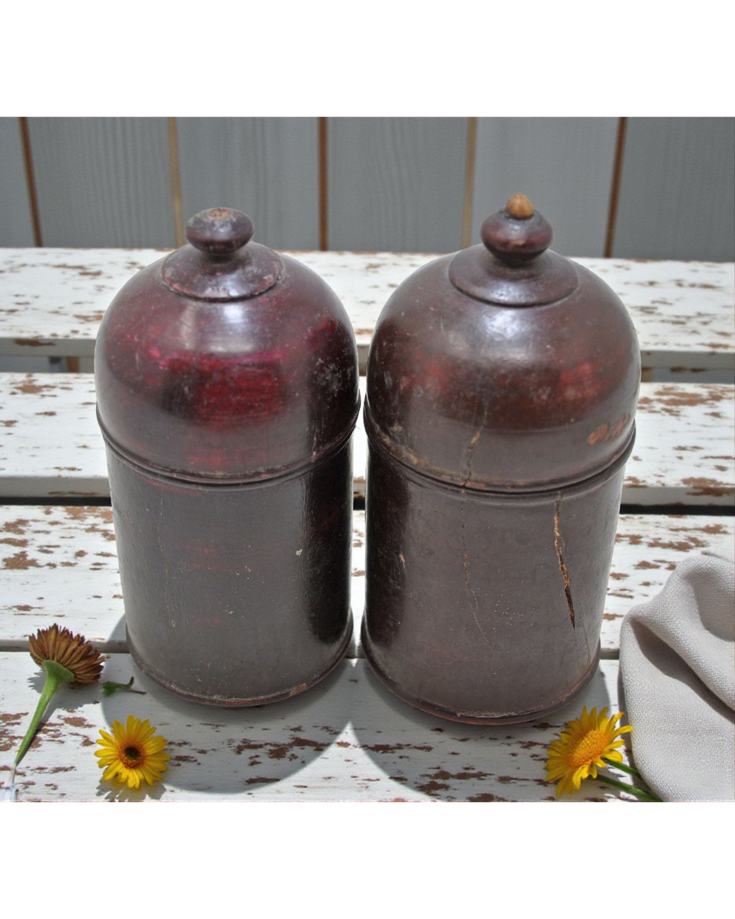 Vintage Wooden Set of 2 Candy Boxes Oriinal Old Hand Carved lacquer Painted