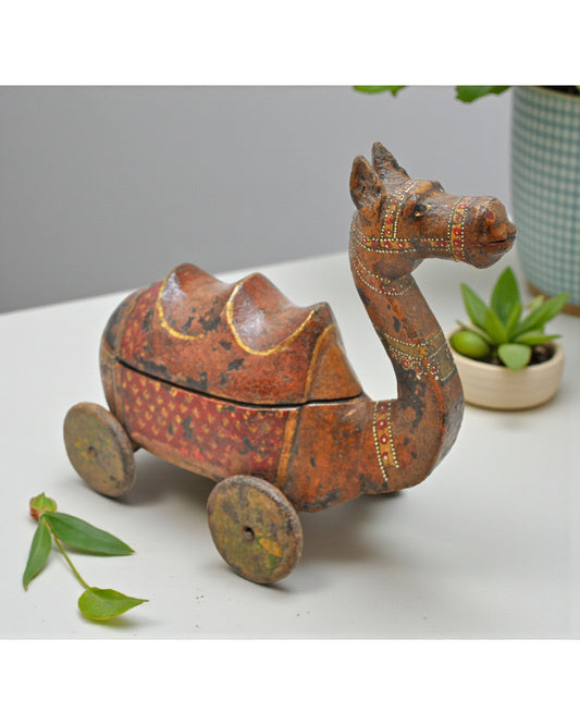 Vintage Wooden Camel on Wheels Figurine Spice Box Original Old Hand Carved Painted