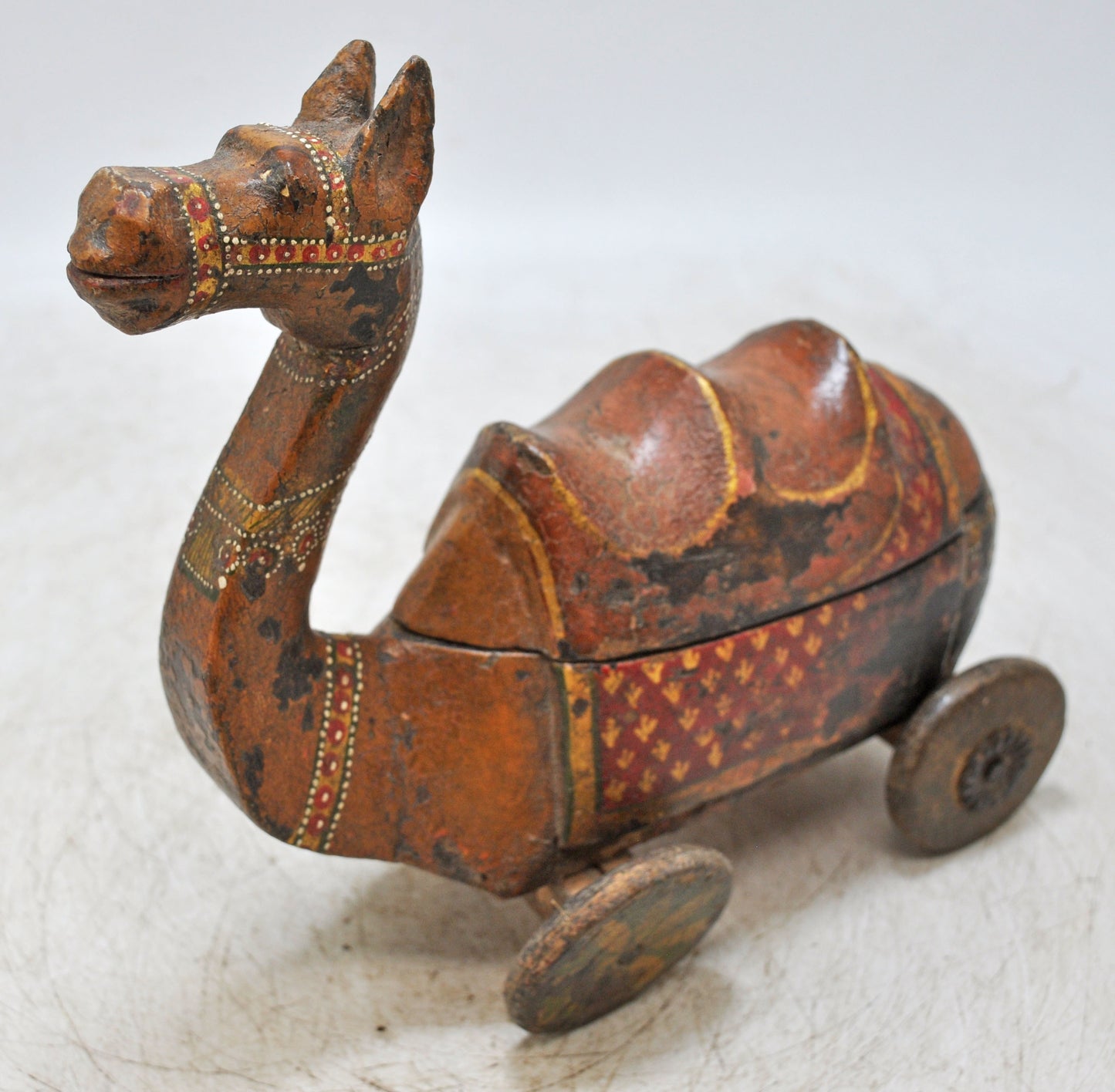 Vintage Wooden Camel on Wheels Figurine Spice Box Original Old Hand Carved Painted