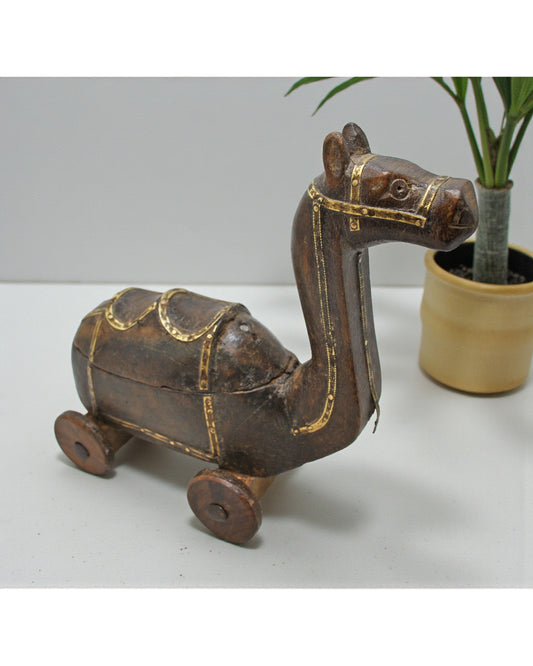 Vintage Wooden Camel on Wheels Figurine Spice Box Hand Carved Brass Fitted