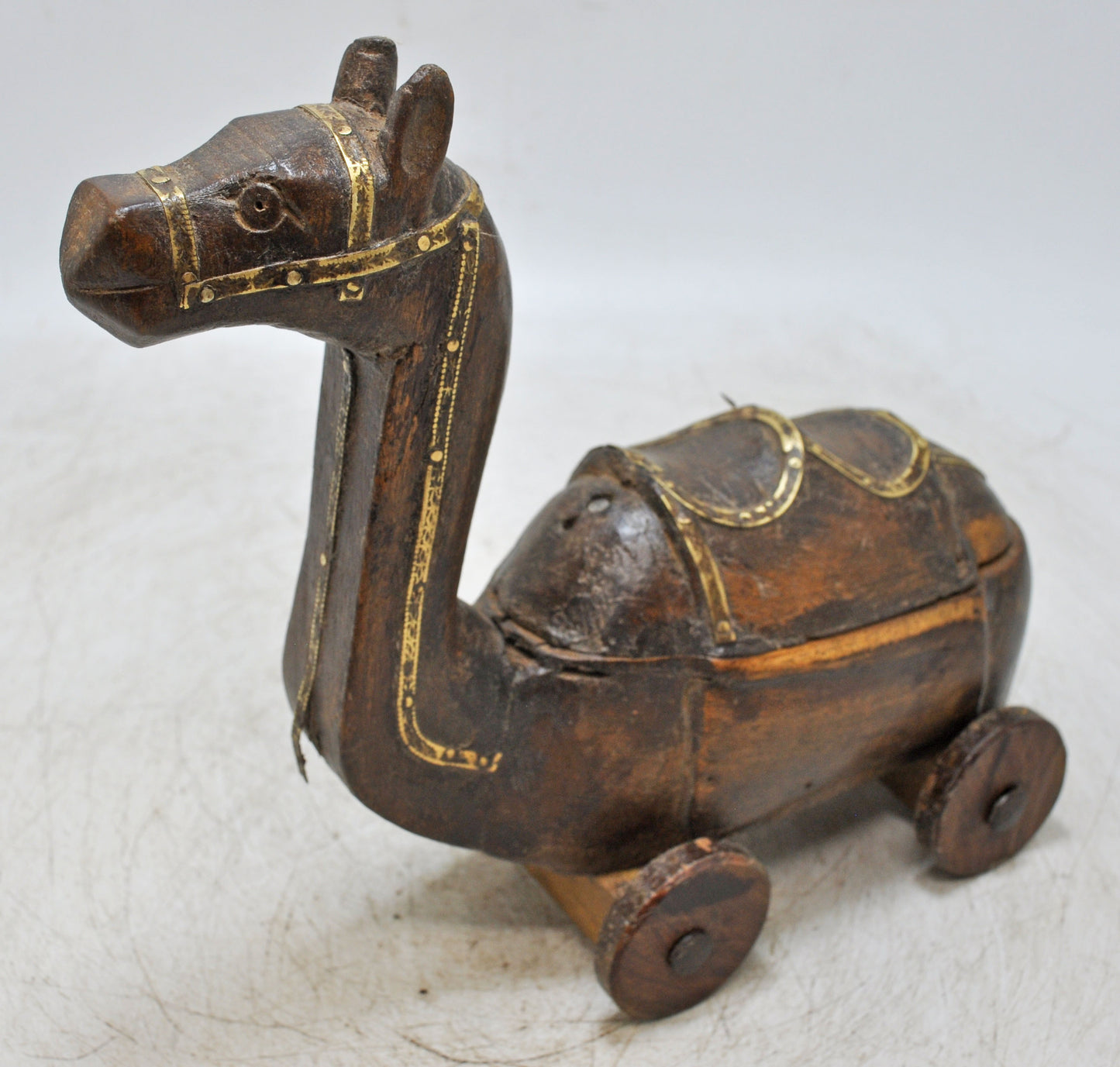 Vintage Wooden Camel on Wheels Figurine Spice Box Hand Carved Brass Fitted