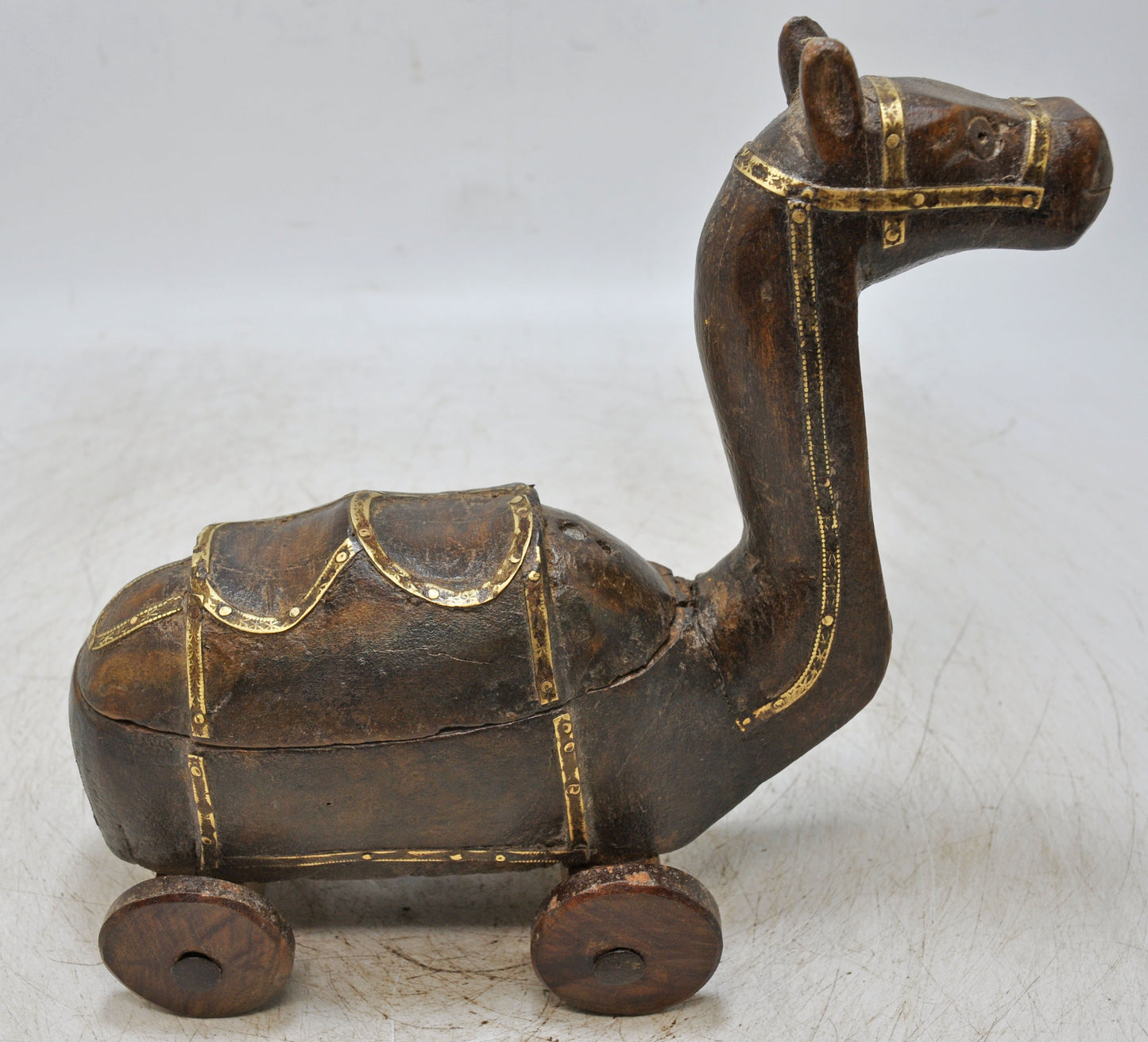 Vintage Wooden Camel on Wheels Figurine Spice Box Hand Carved Brass Fitted