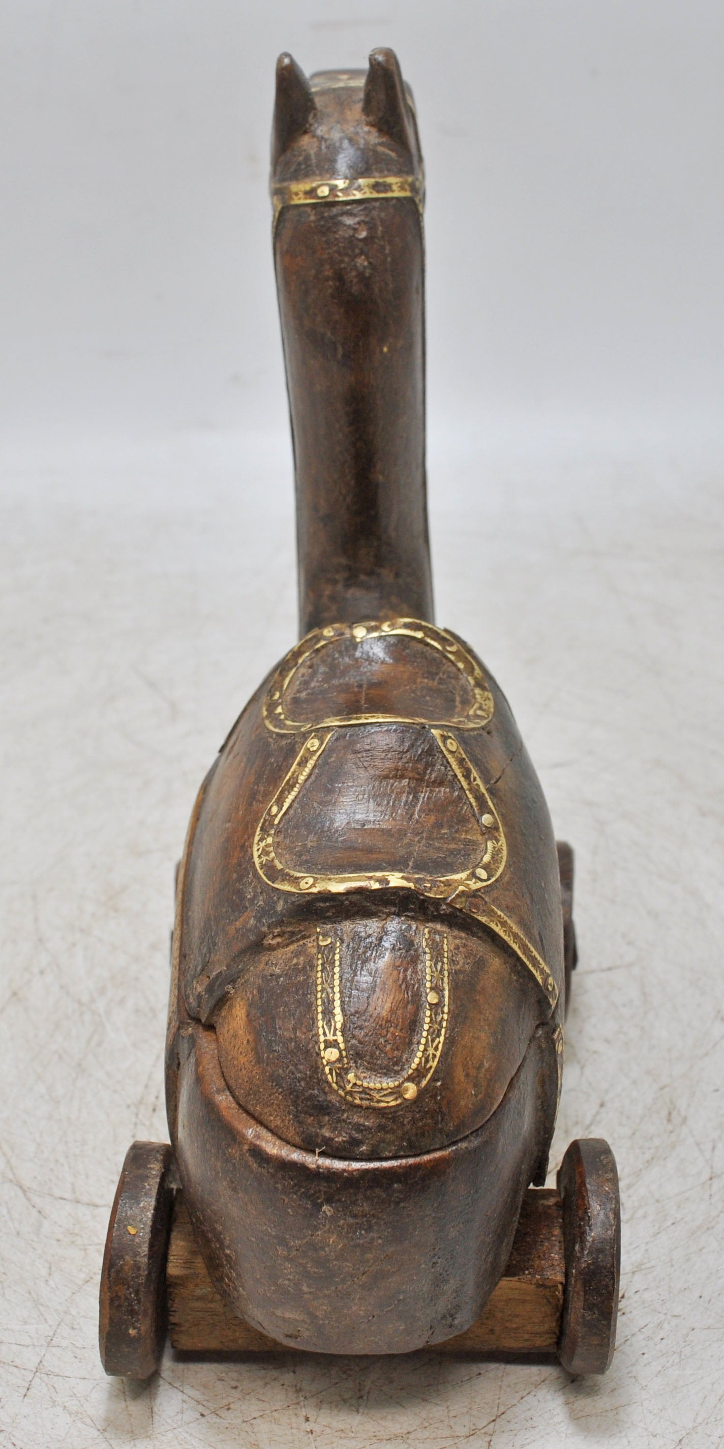 Vintage Wooden Camel on Wheels Figurine Spice Box Hand Carved Brass Fitted