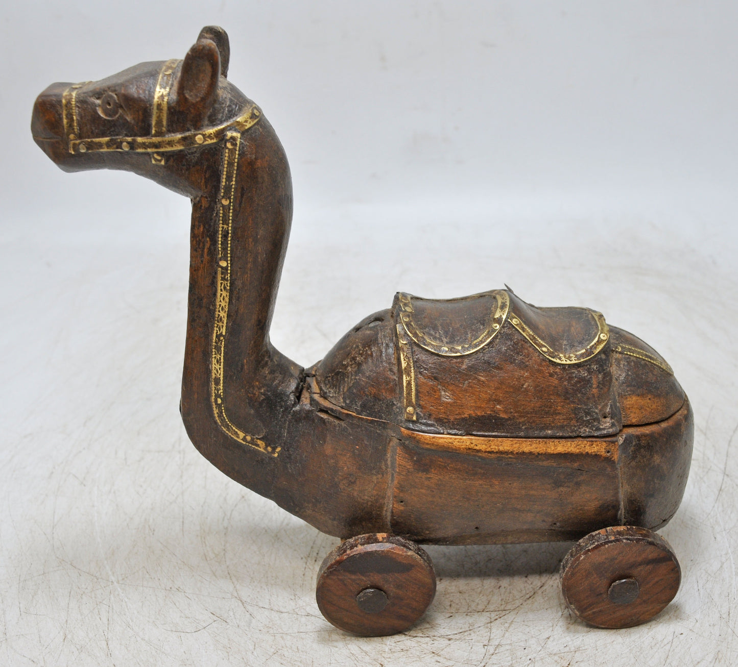 Vintage Wooden Camel on Wheels Figurine Spice Box Hand Carved Brass Fitted