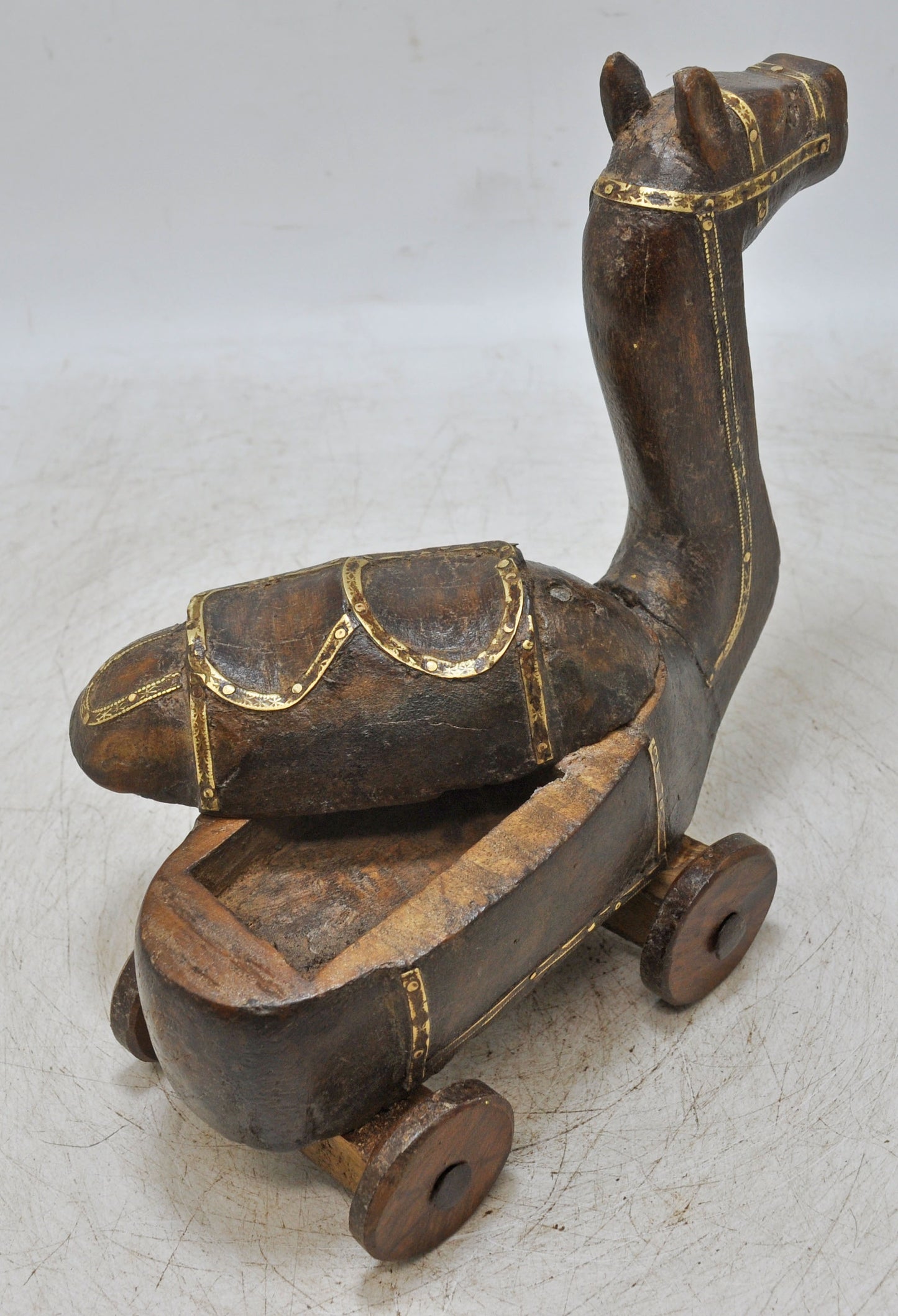 Vintage Wooden Camel on Wheels Figurine Spice Box Hand Carved Brass Fitted