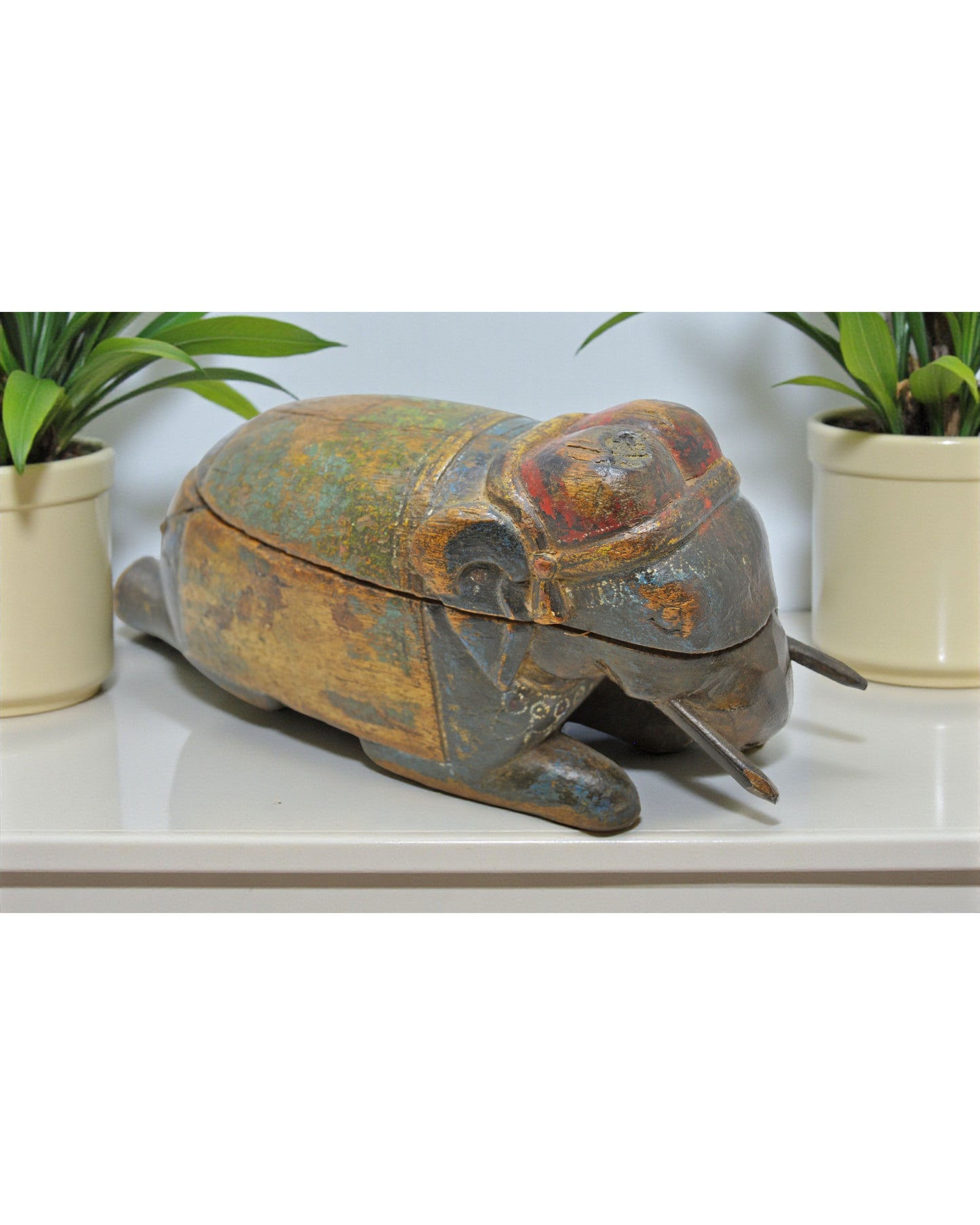 Vintage Wooden Elephant Figurine Original Old Hand Carved Hand Painted