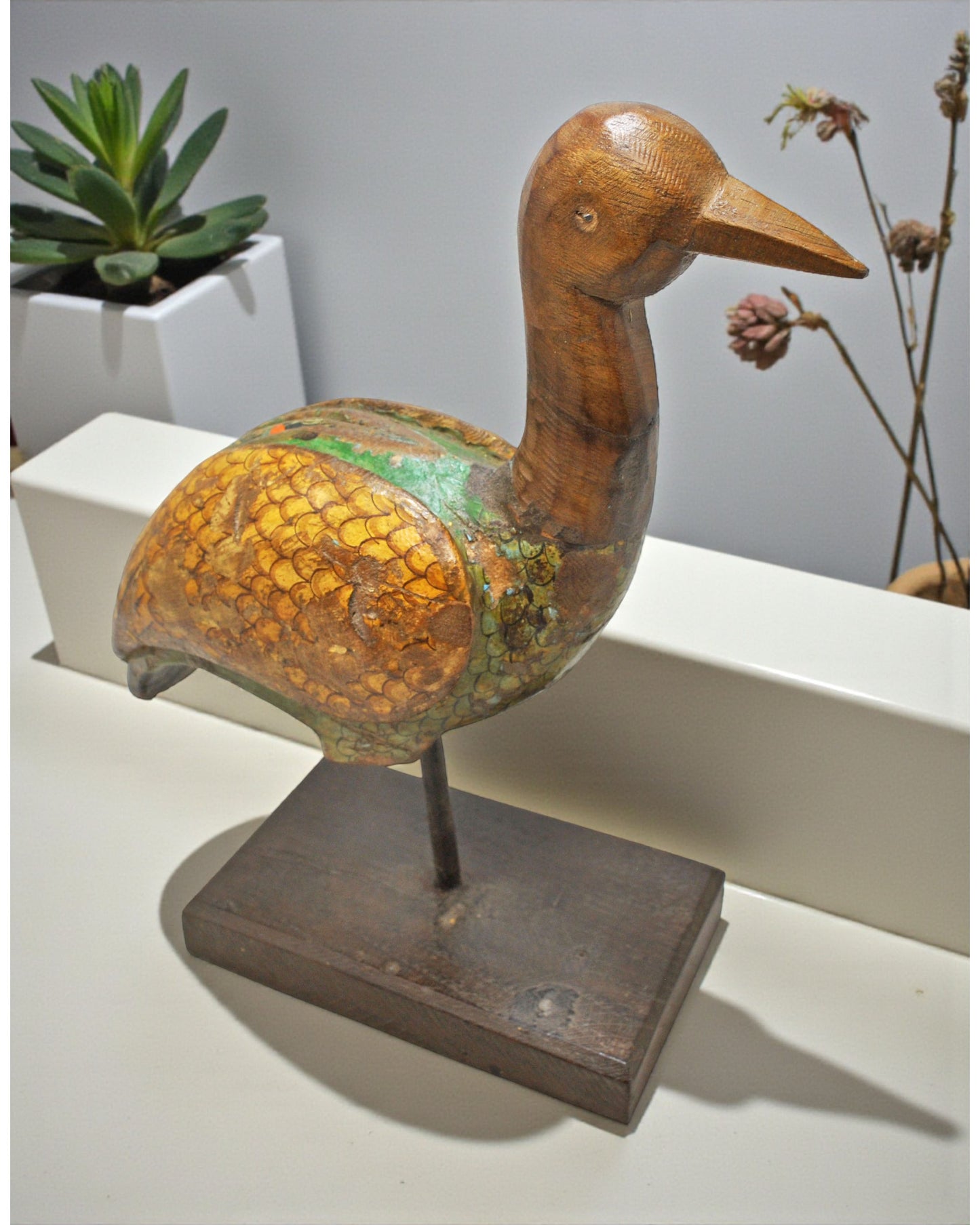 Vintage Wooden Bird Figurine Original Old Hand Carved