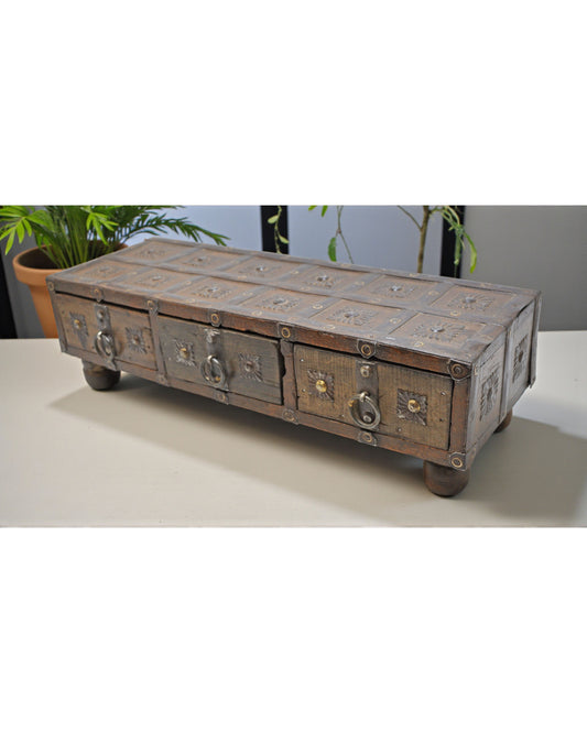 Antique Wooden Long 3 Drawers Storage Box Original Old Hand Crafted Metal Fitted