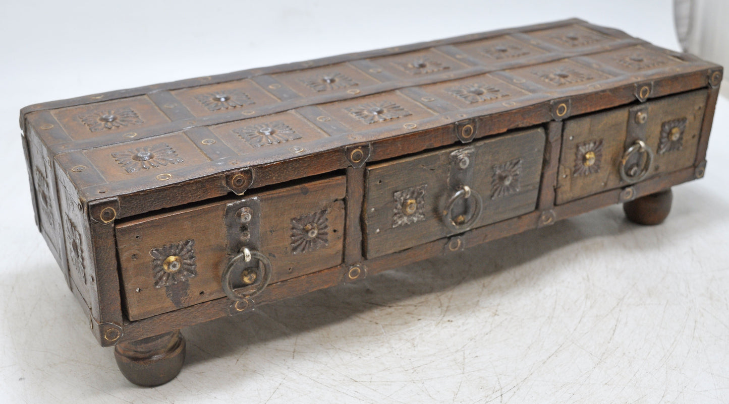 Antique Wooden Long 3 Drawers Storage Box Original Old Hand Crafted Metal Fitted