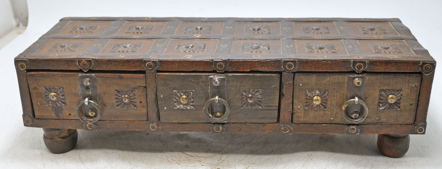 Antique Wooden Long 3 Drawers Storage Box Original Old Hand Crafted Metal Fitted