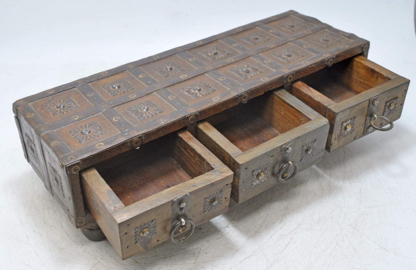 Antique Wooden Long 3 Drawers Storage Box Original Old Hand Crafted Metal Fitted
