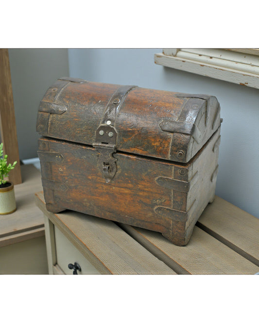 Vintage Wooden Small Storage Box Original Old Hand Crafted Metal Fitted