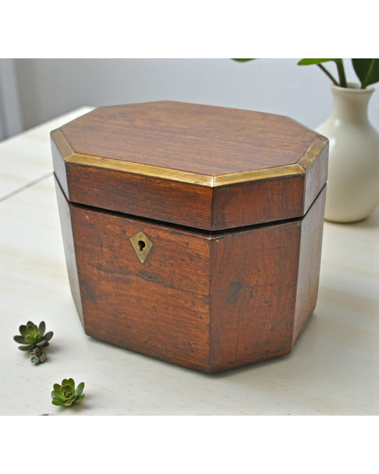 Vintage Wooden Hexagonal Small Storage Box Original Old Hand Crafted Brass Fitted