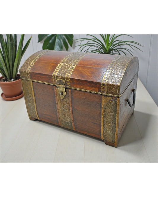 Vintage Wooden Large Storage Chest Box Original Old Hand Crafted Brass Fitted